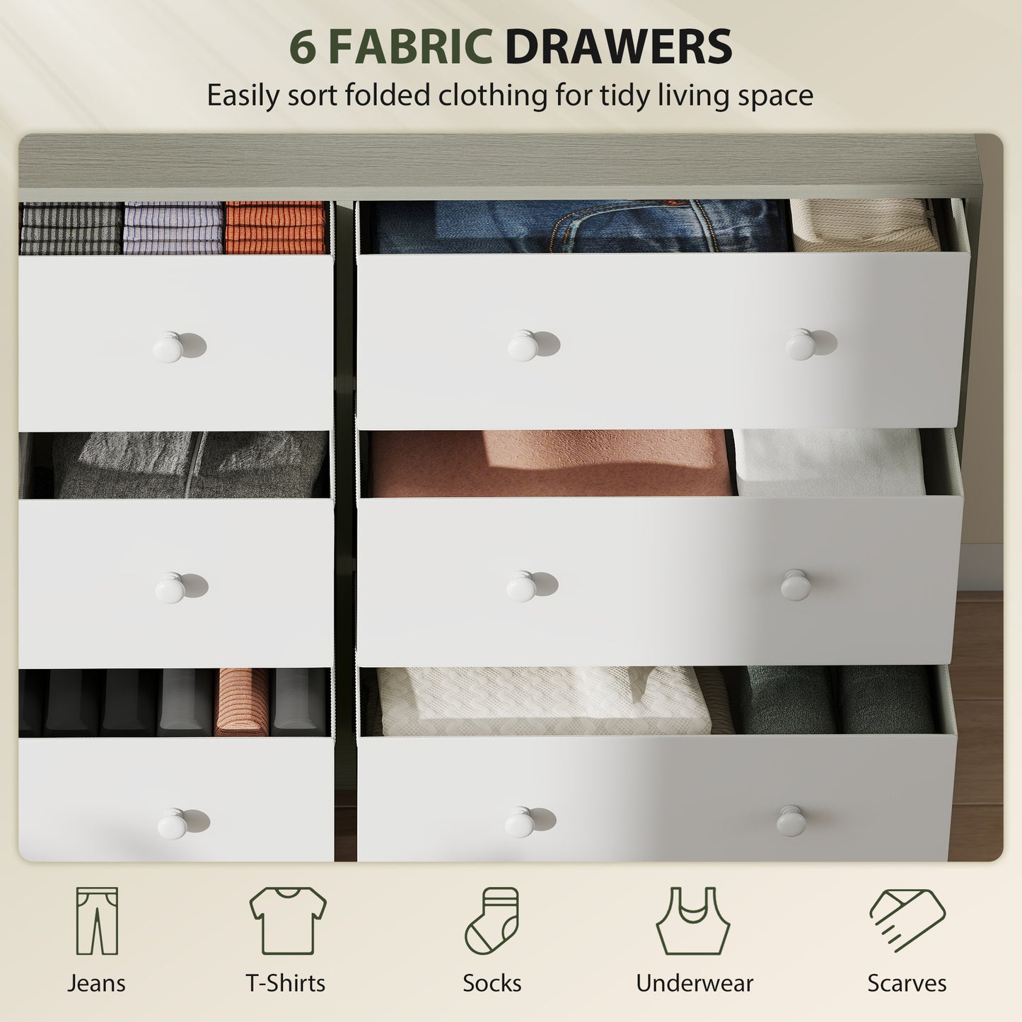 HOMCOM Six Drawer Fabric Dresser Chest White and Grey Wood Effect MDF and Steel Frame