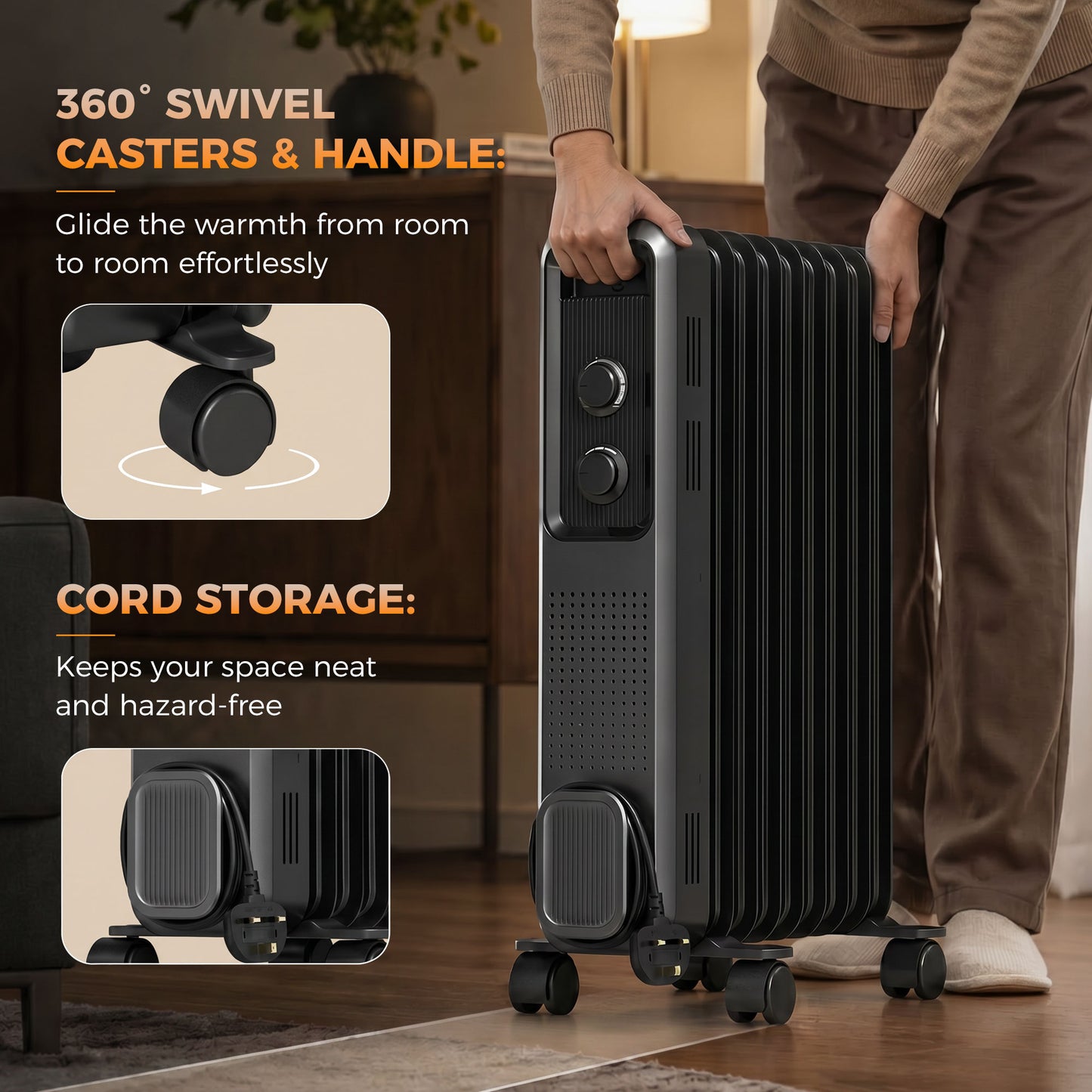 HOMCOM 2000W Oil Filled Radiator 9 Fin Portable Electric Heater With 3 Heat Settings Safety Cut Off And Wheels Grey