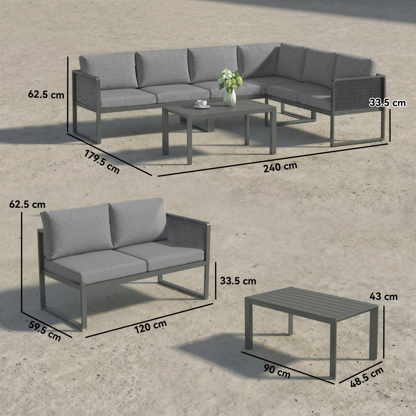 Outsunny 6 Seater Metal Garden Furniture Corner Sofa Set With 3 Loveseats Faux Wood Table Texteline Seat Cushions