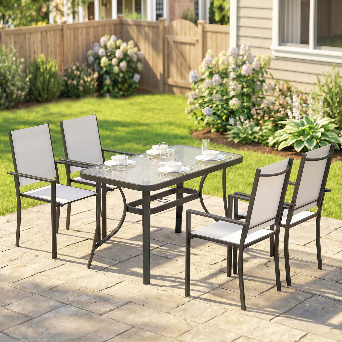 Outsunny Garden Dining Set for 4 with Umbrella Hole and Glass Top Table Stackable Chairs Light Grey