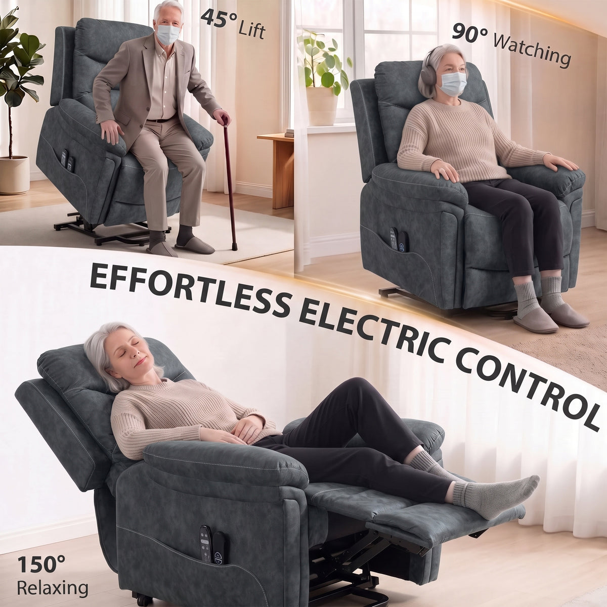 Grey electric lift recliner chair shown in lift and recline positions for comfort