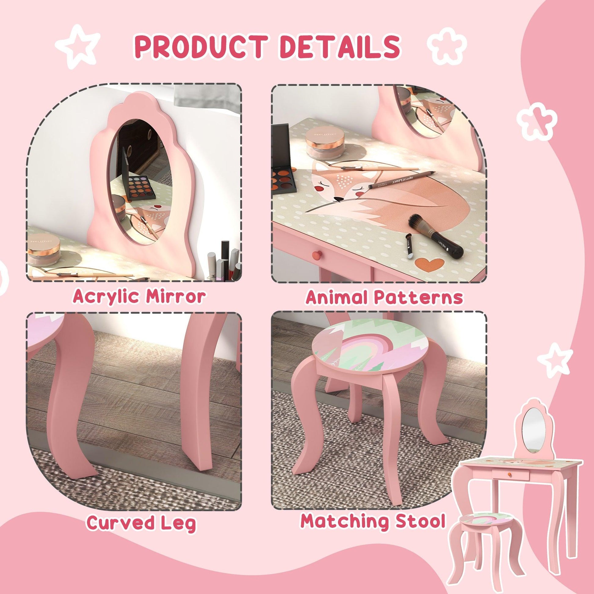 ZONEKIZ Kids Dressing Table with Mirror and Stool, Girls Vanity Table - Pink - ALL4U RETAILER LTD