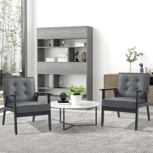 HOMCOM Set of 2 Accent Chairs PU Leather Armchairs With Beech Wood Frame For Living Room Bedroom Balcony Grey