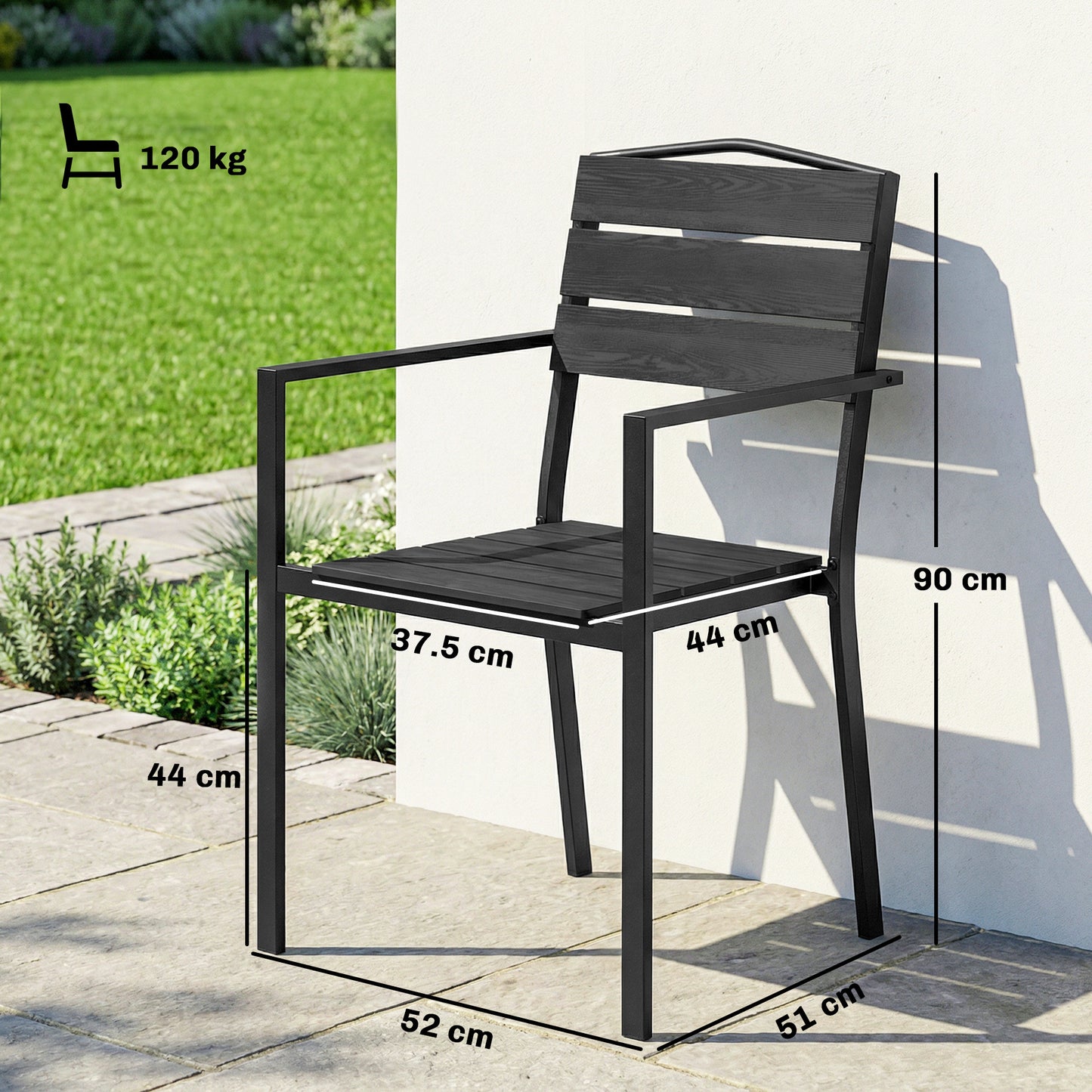 Outsunny Stackable Garden Chairs Set Of 4 Dining Chairs With Slatted HDPE Seat Back And Armrests Metal Frame Black