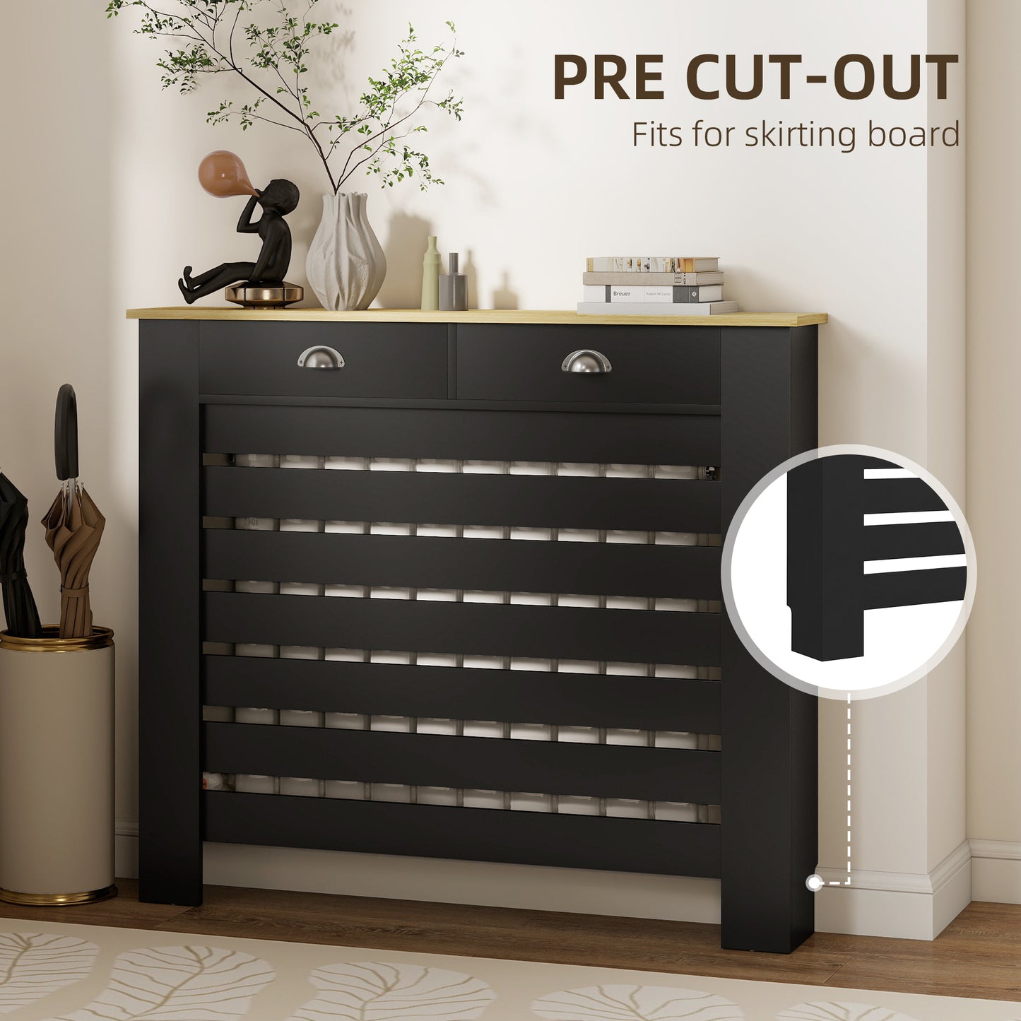 HOMCOM Radiator Cover With Drawer Black 95.5H X 111W cm Slim Slatted MDF And Particle Board
