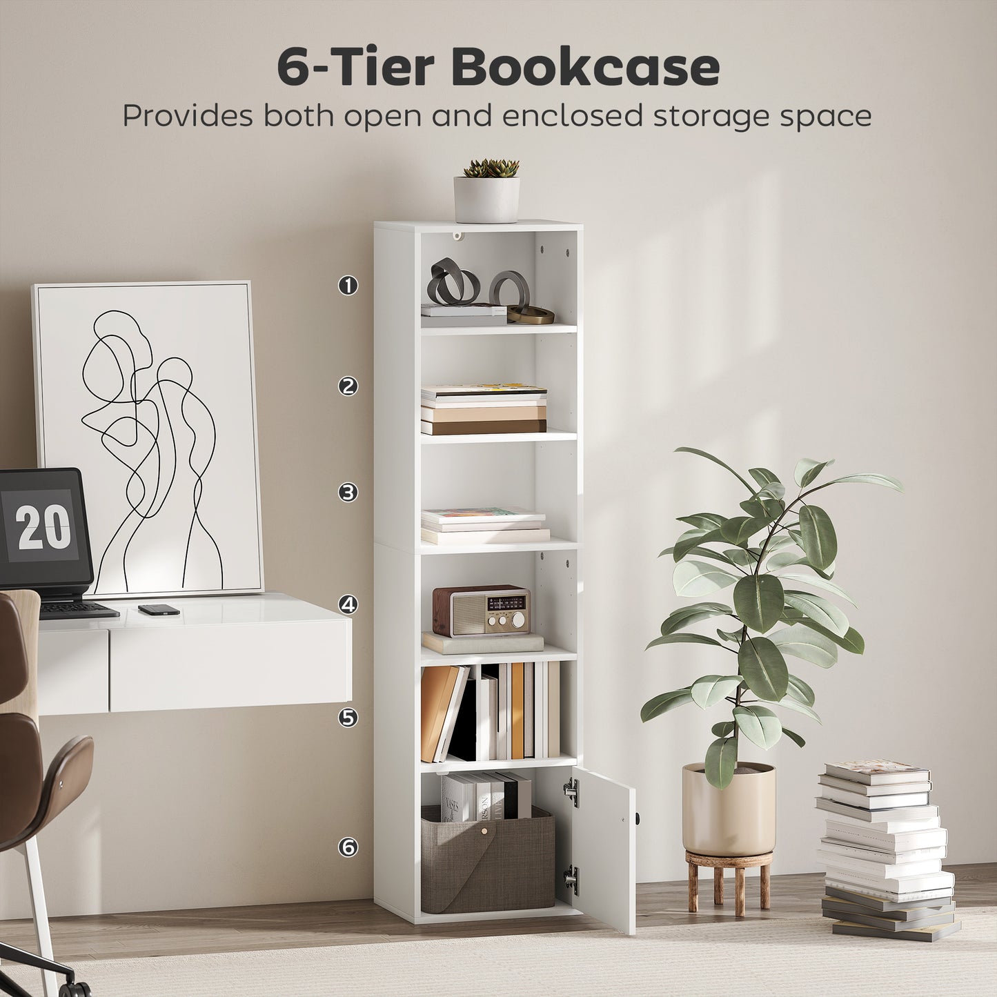 HOMCOM 6 Tier 156 cm Tall White Bookcase with Adjustable Shelves for Small Spaces