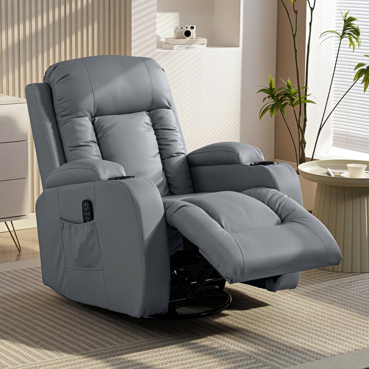 HOMCOM Massage Recliner Grey PU Leather With Eight Point Massage In Four Zones For Back Lumbar Heating Thighs And Legs