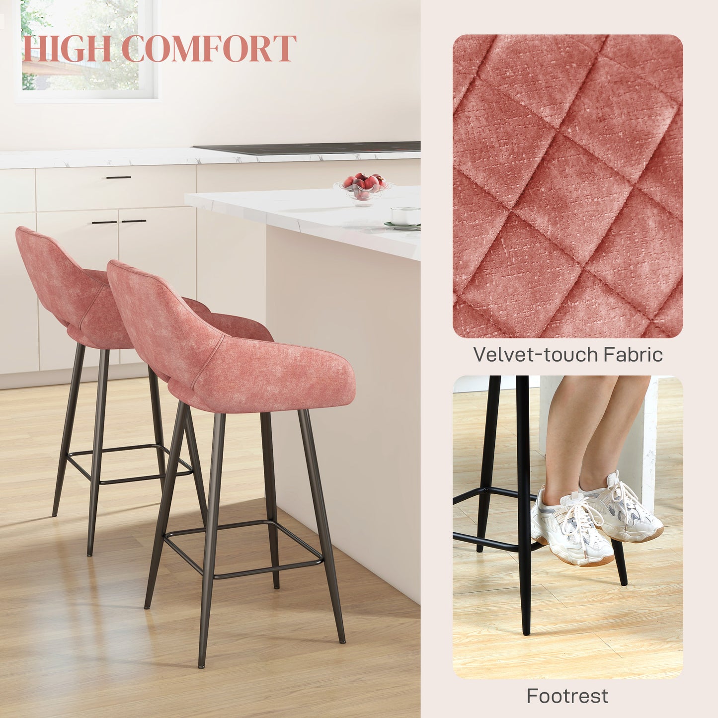 HOMCOM Elegant Pink Velvet Bar Stool Set - ALL4U RETAILER LTD