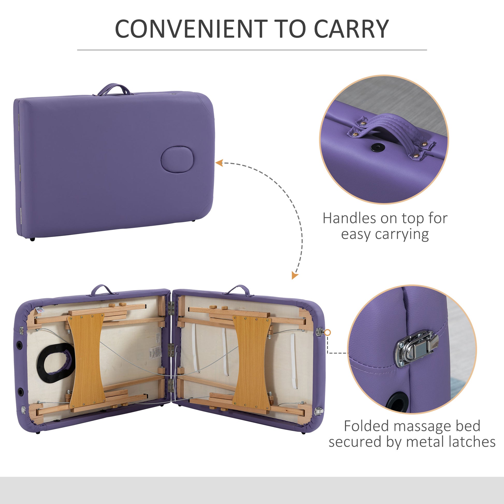 HOMCOM Adjustable Folding Massage Table with Carry Bag, 2-Section Spa Bed, Wooden Frame, Purple - ALL4U RETAILER LTD