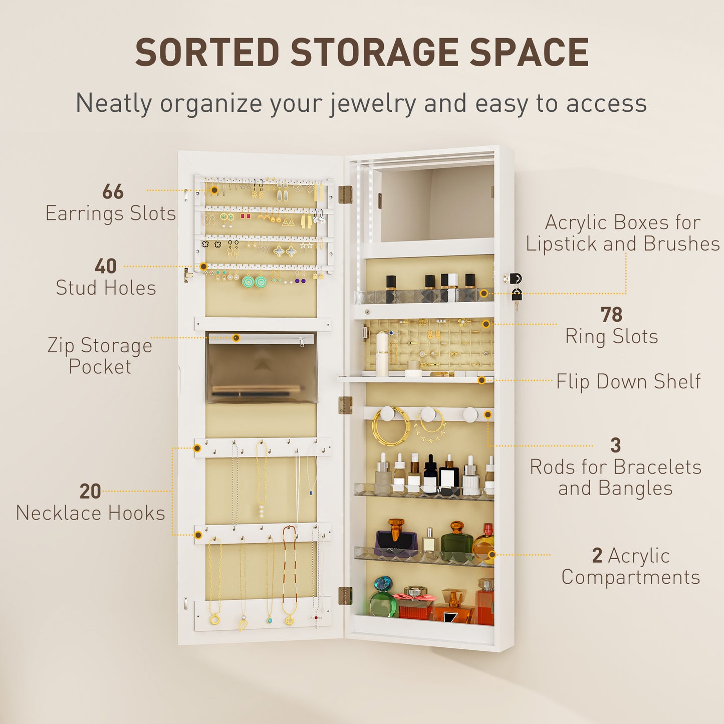 HOMCOM LED Mirror Jewellery Cabinet Wall Mounted Full Length Mirror With Storage Lockable Jewellery Organiser White