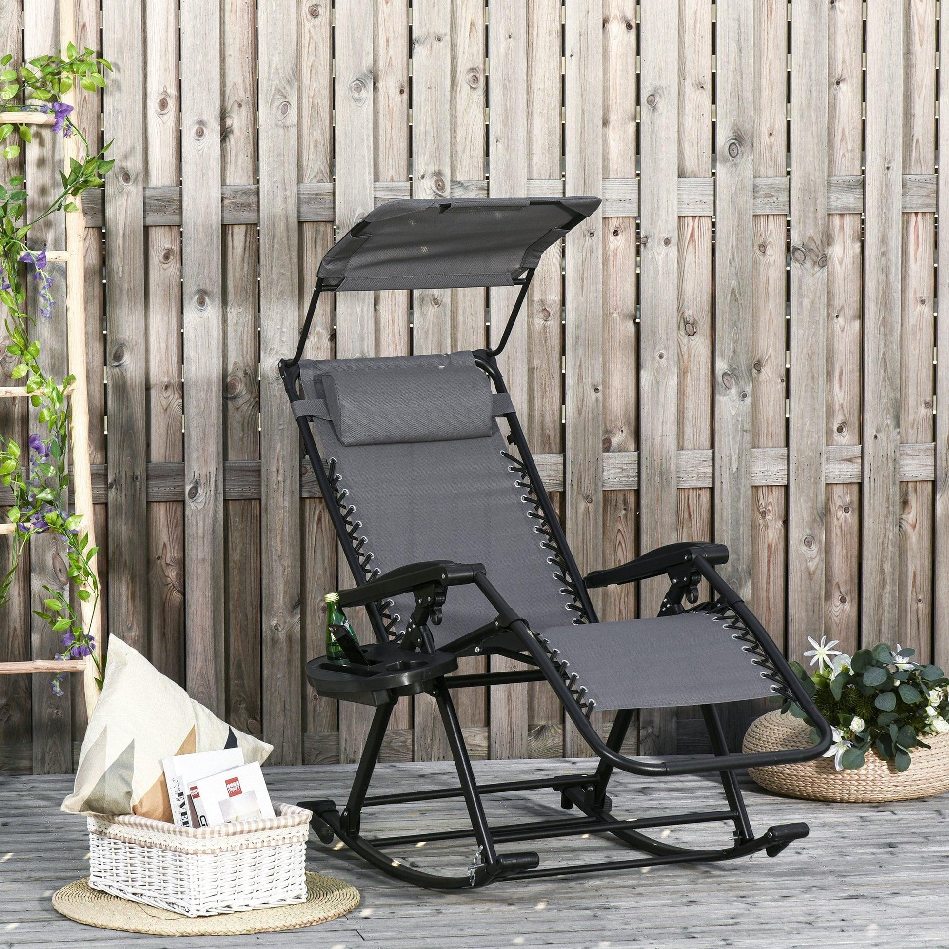 Outsunny Grey Outdoor Rocking Chair with Adjustable Sun Lounger - ALL4U RETAILER LTD