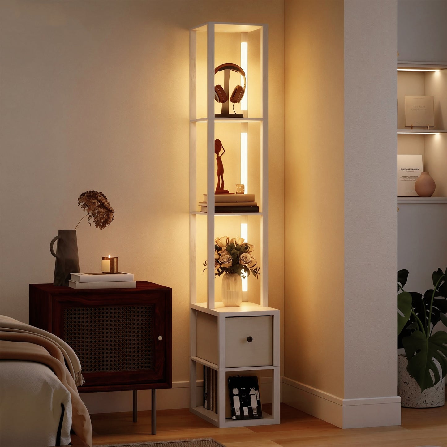 HOMCOM Floor Lamp With Shelves And Fabric Drawer LED Column Modern Standing Lamp Adjustable Brightness Foot Switch White