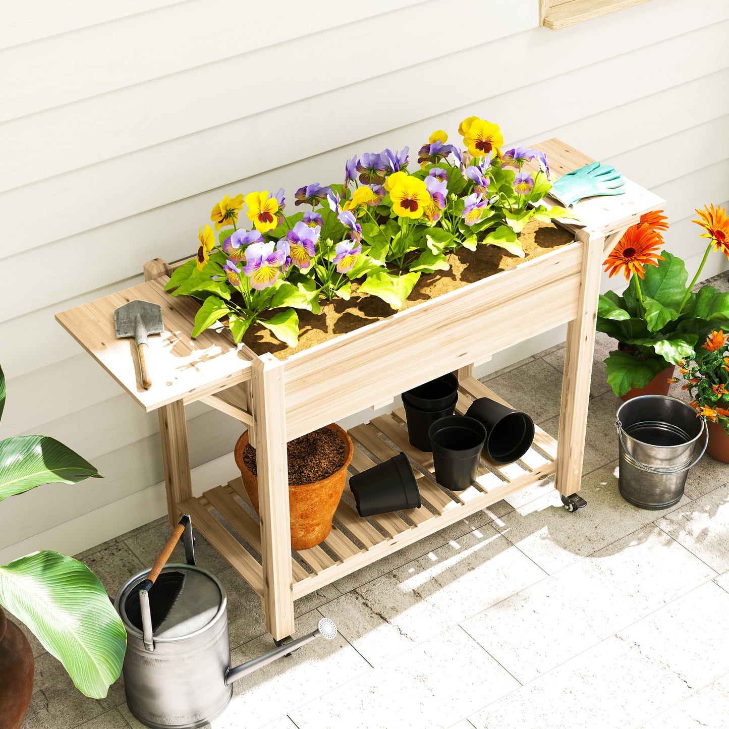 Outsunny 46 x 94cm Wooden Raised Planter With Shelves Natural Finish For Garden Patio Balcony Outdoor Use