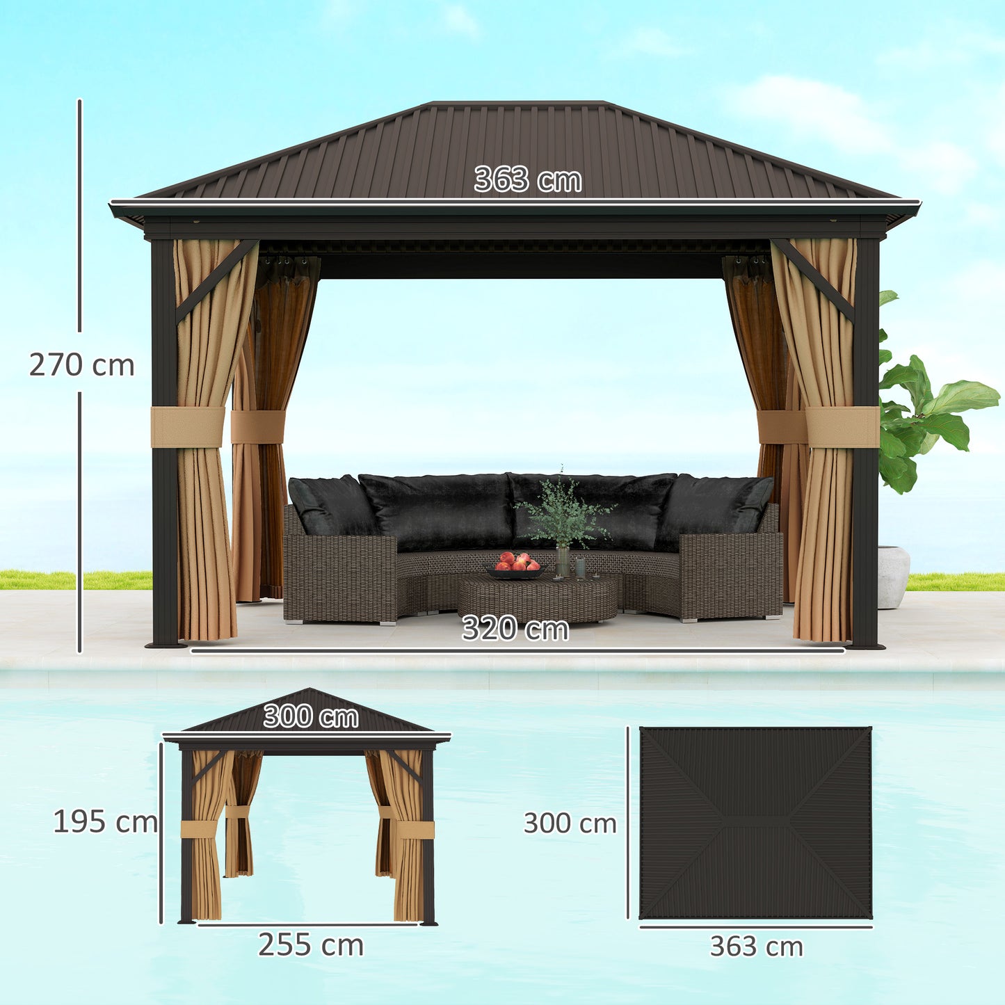 Outsunny 3.6 By 3 Metre Aluminium Hardtop Gazebo With Curtains Mesh Inset Brown With Accessories Included