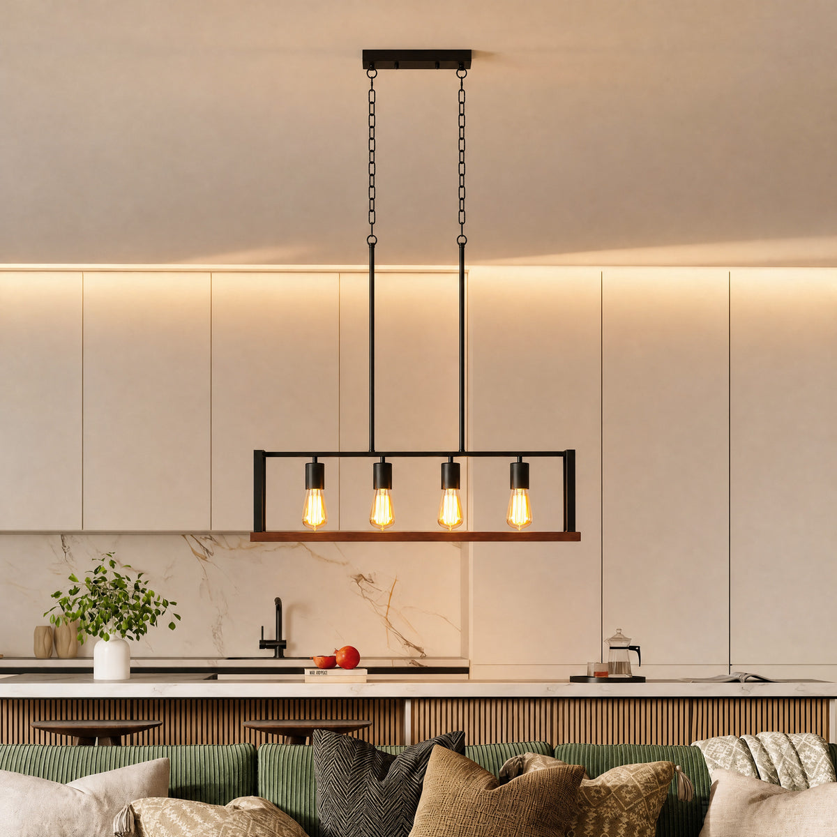 Black adjustable chain pendant light with four exposed bulbs in a rectangular frame