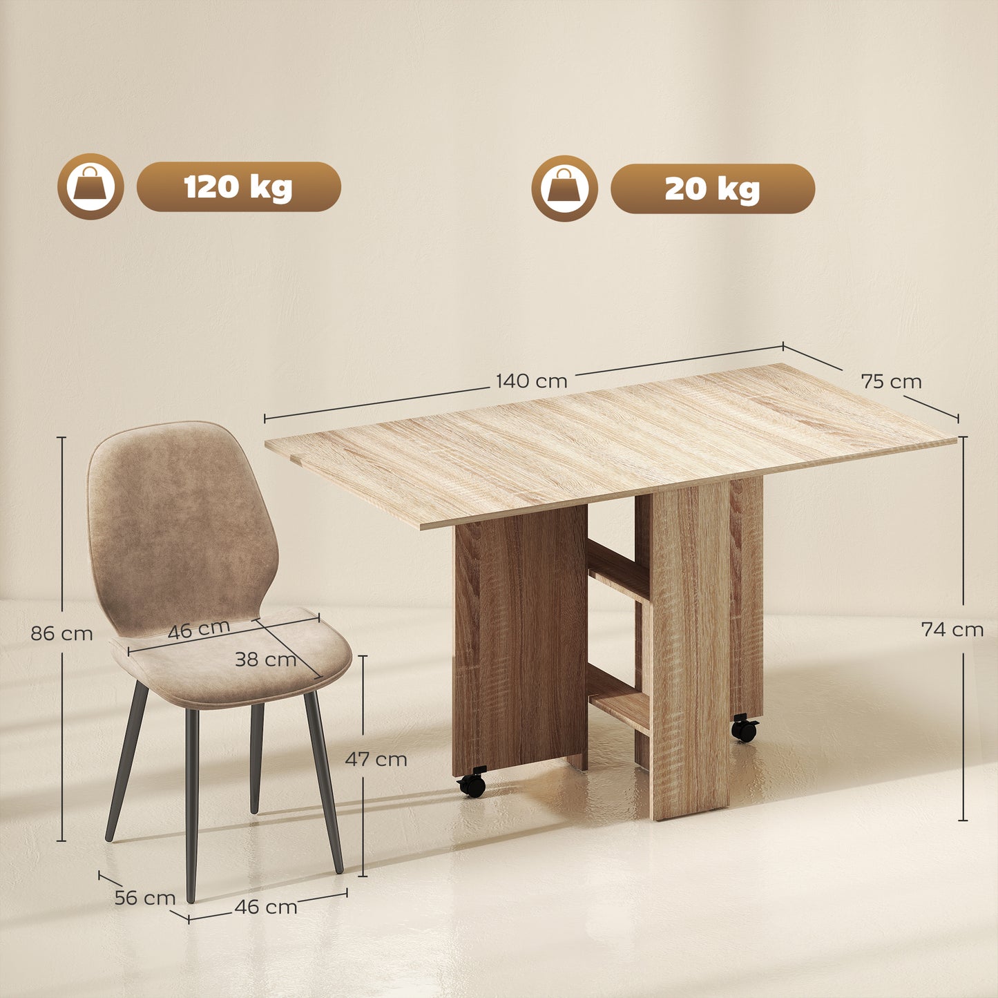 HOMCOM Folding Dining Table Set With Storage Shelves And Velvet Upholstered Chairs Natural Wood Finish
