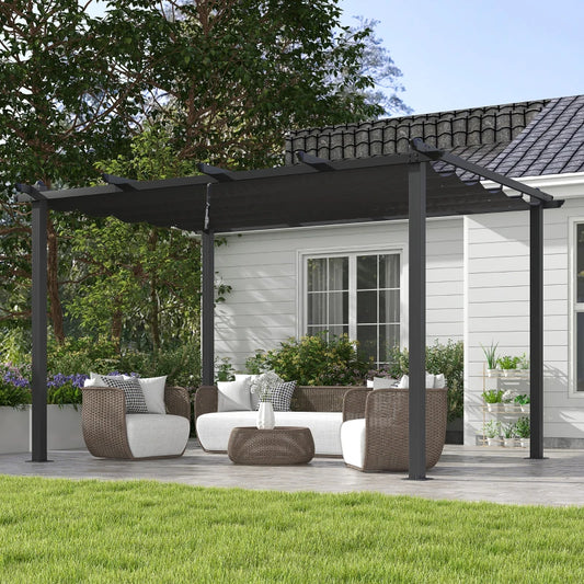 Outsunny 3 x 4m Aluminium Pergola with Retractable Roof - Dark Grey, Outdoor Gazebo for Stylish and Adjustable Shade - ALL4U RETAILER LTD