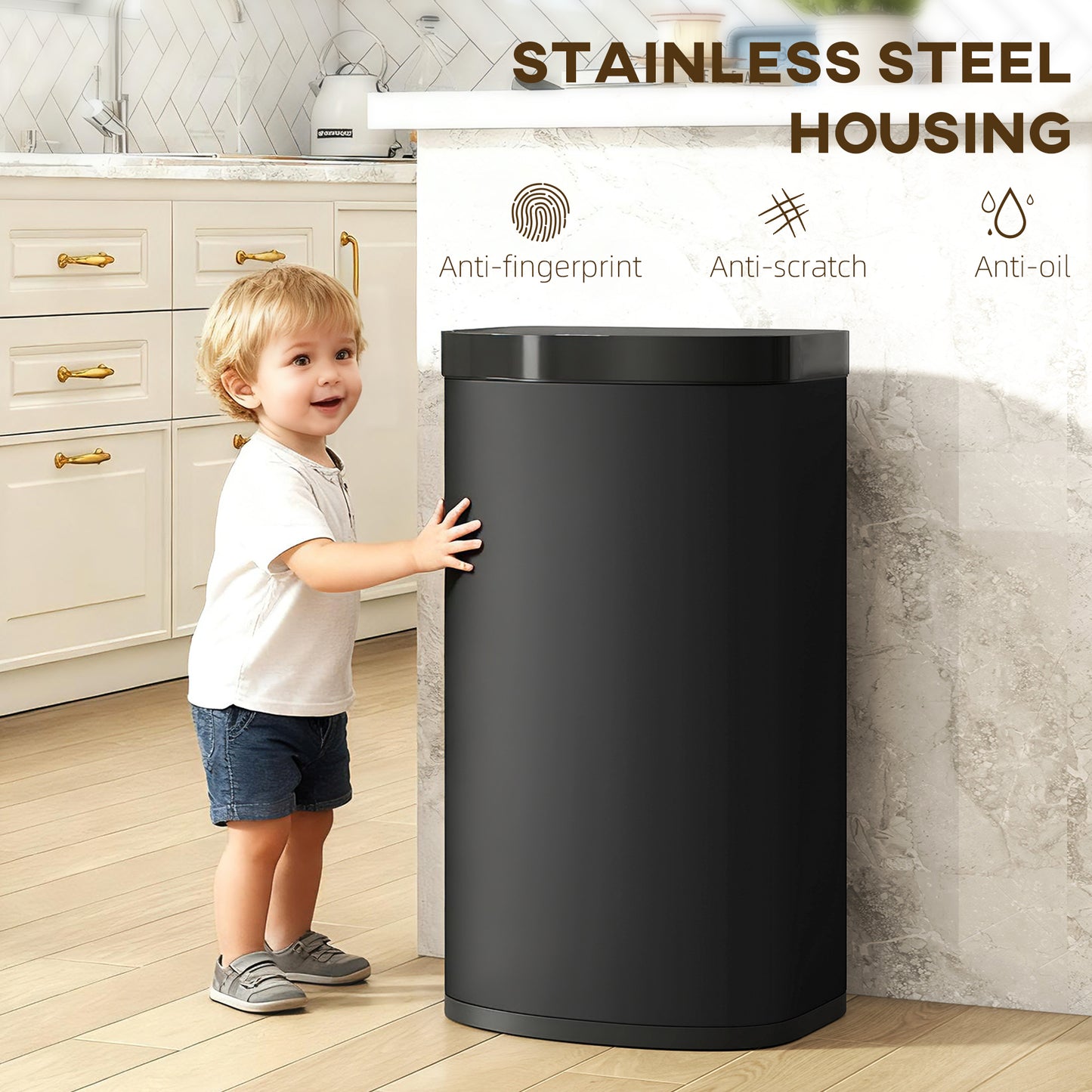 HOMCOM 55L Sensor Bin With Soft Close Lid Touchless Motion Sensor Fingerprint Resistant Stainless Steel Black