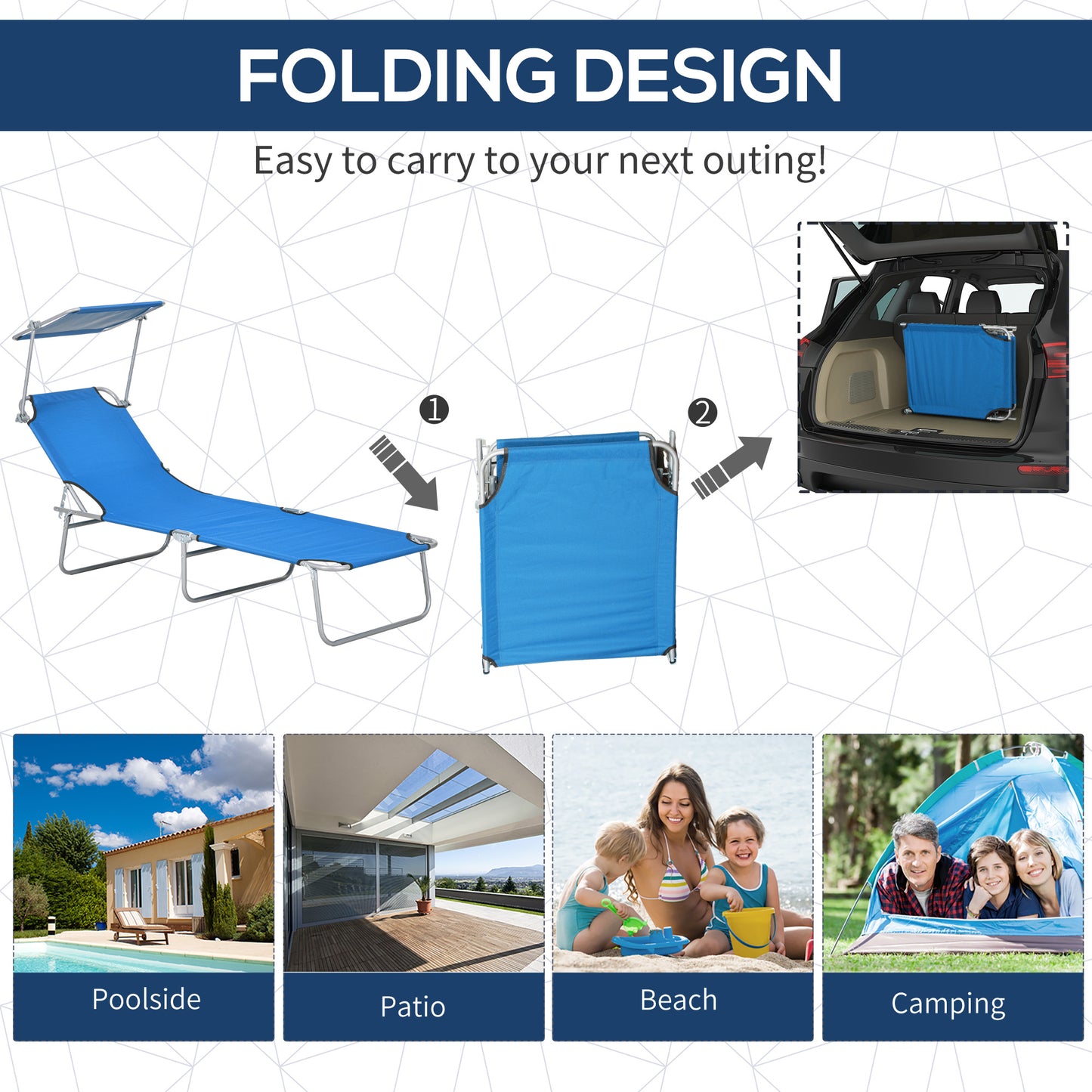 Outsunny Sun Lounger With Adjustable Face Canopy In Bright Blue For Sun Shade And Outdoor Comfort