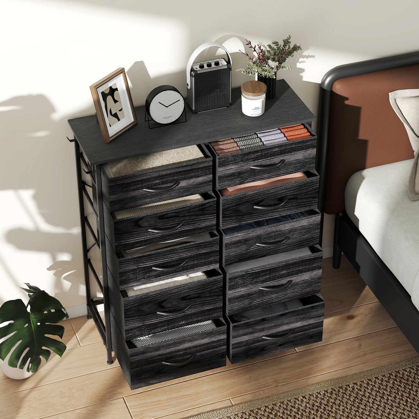 HOMCOM Fabric Chest of Ten Drawers with Steel Frame Black Six Small and Four Large Drawers, Four Pockets and Two Hooks