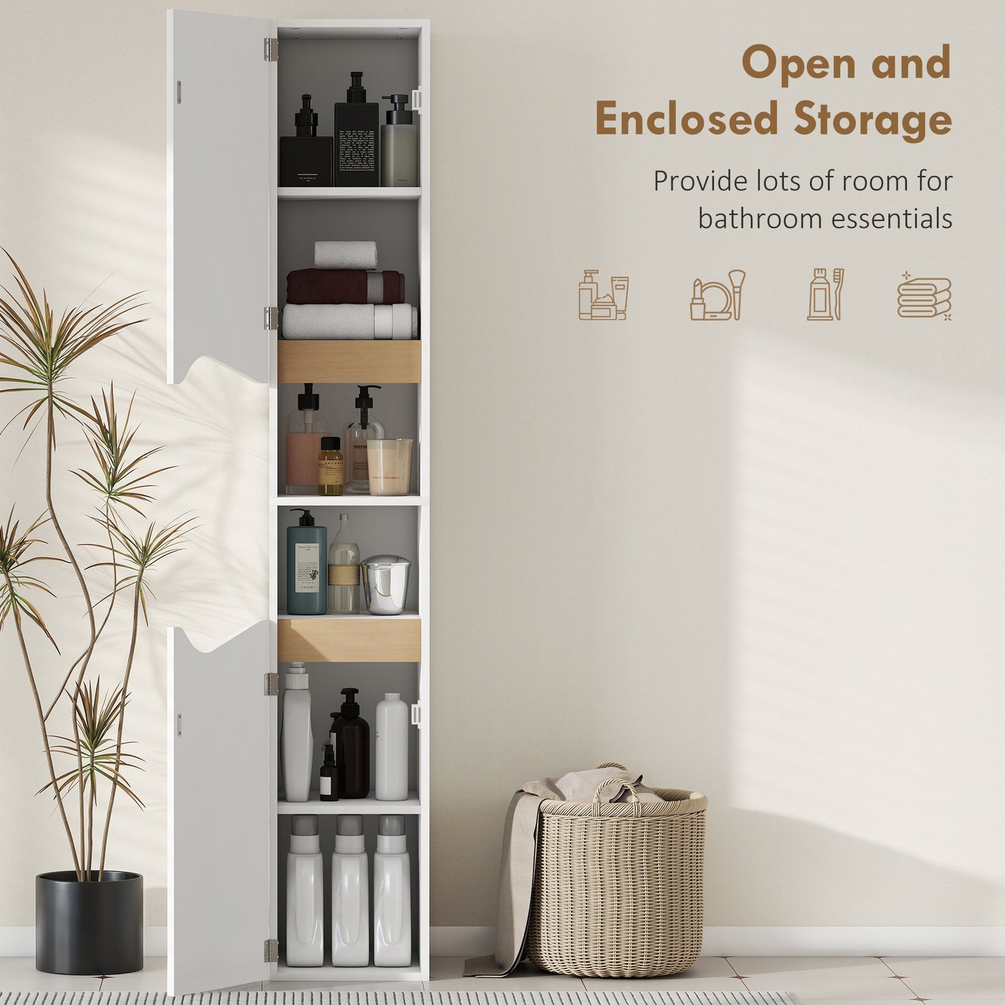 HOMCOM Tall Slim White Bathroom Cabinet With Two Doors And Adjustable Shelves For Bathroom Storage