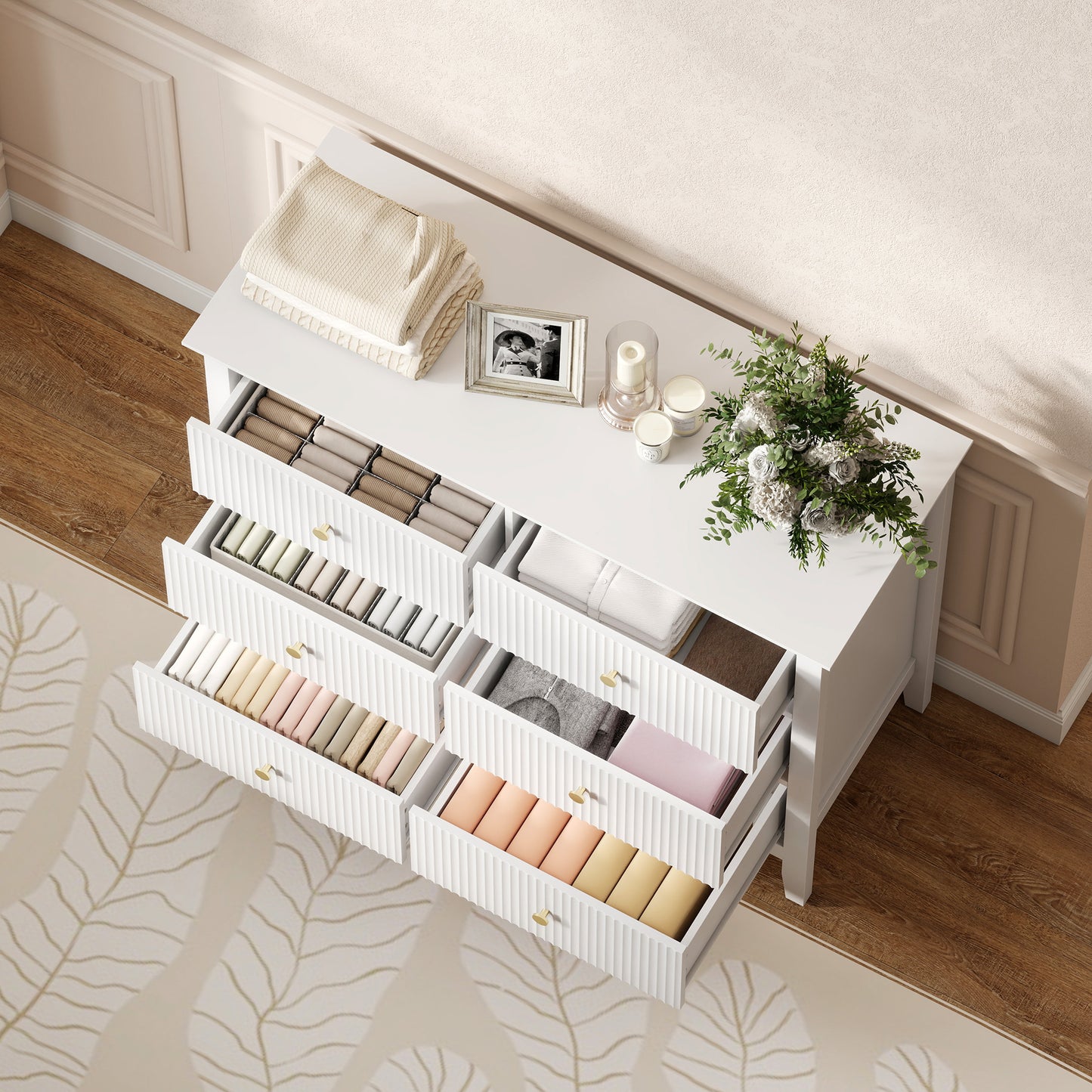 HOMCOM Fluted Dresser 6 Drawer Chest of Drawers for Bedroom Living Room Hallway Closet White