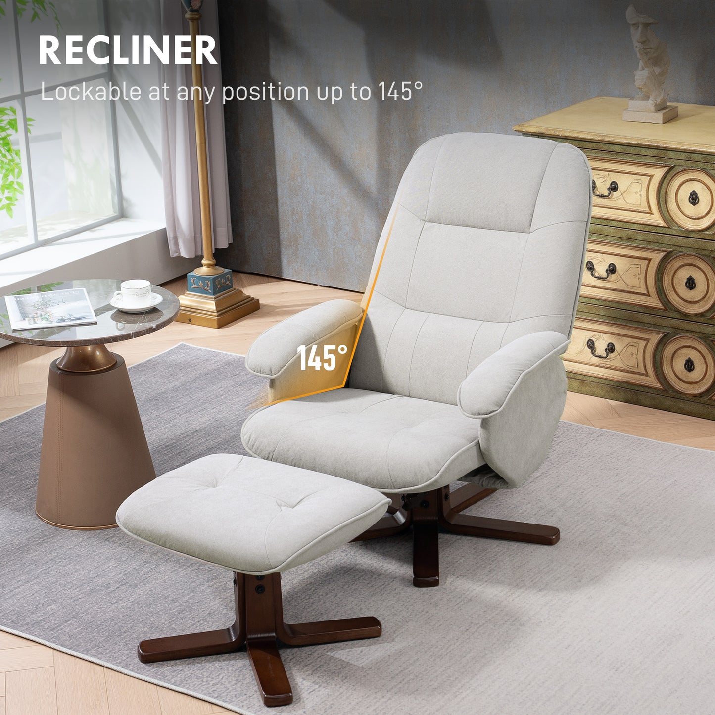 HOMCOM Linen Swivel Recliner Chair With Footstool Ottoman For Living Room Light Grey