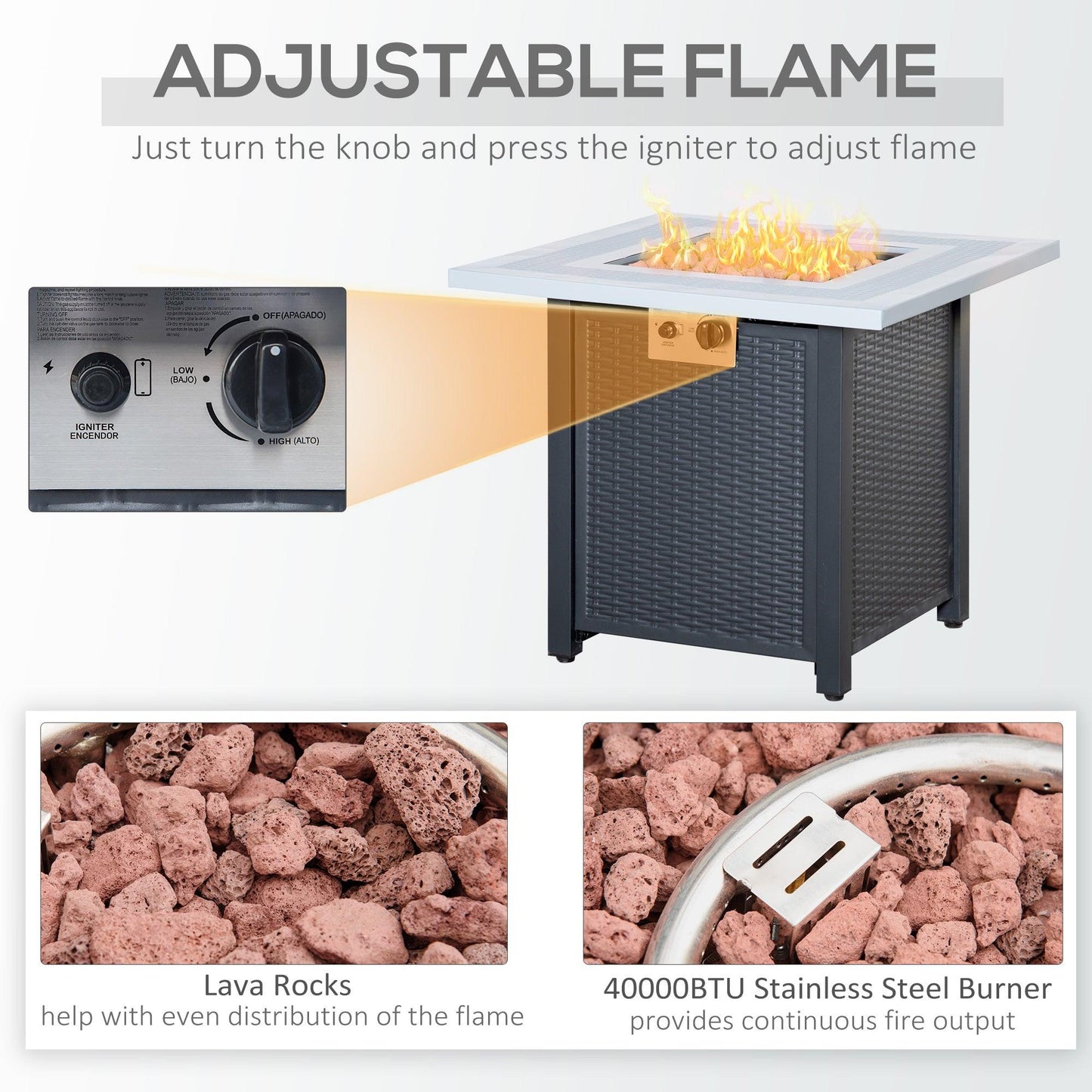 Outsunny Square Propane Fire Pit Table, 40000 BTU Rattan Patio Heater with Lid and Lava Rocks - ALL4U RETAILER LTD