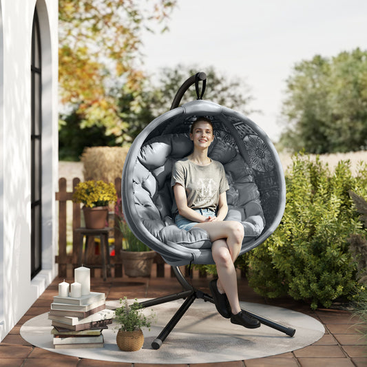 Outsunny Round Egg Basket Chair With Steel Stand Charcoal Grey Outdoor Patio Lounge Swing Cushioned Comfort