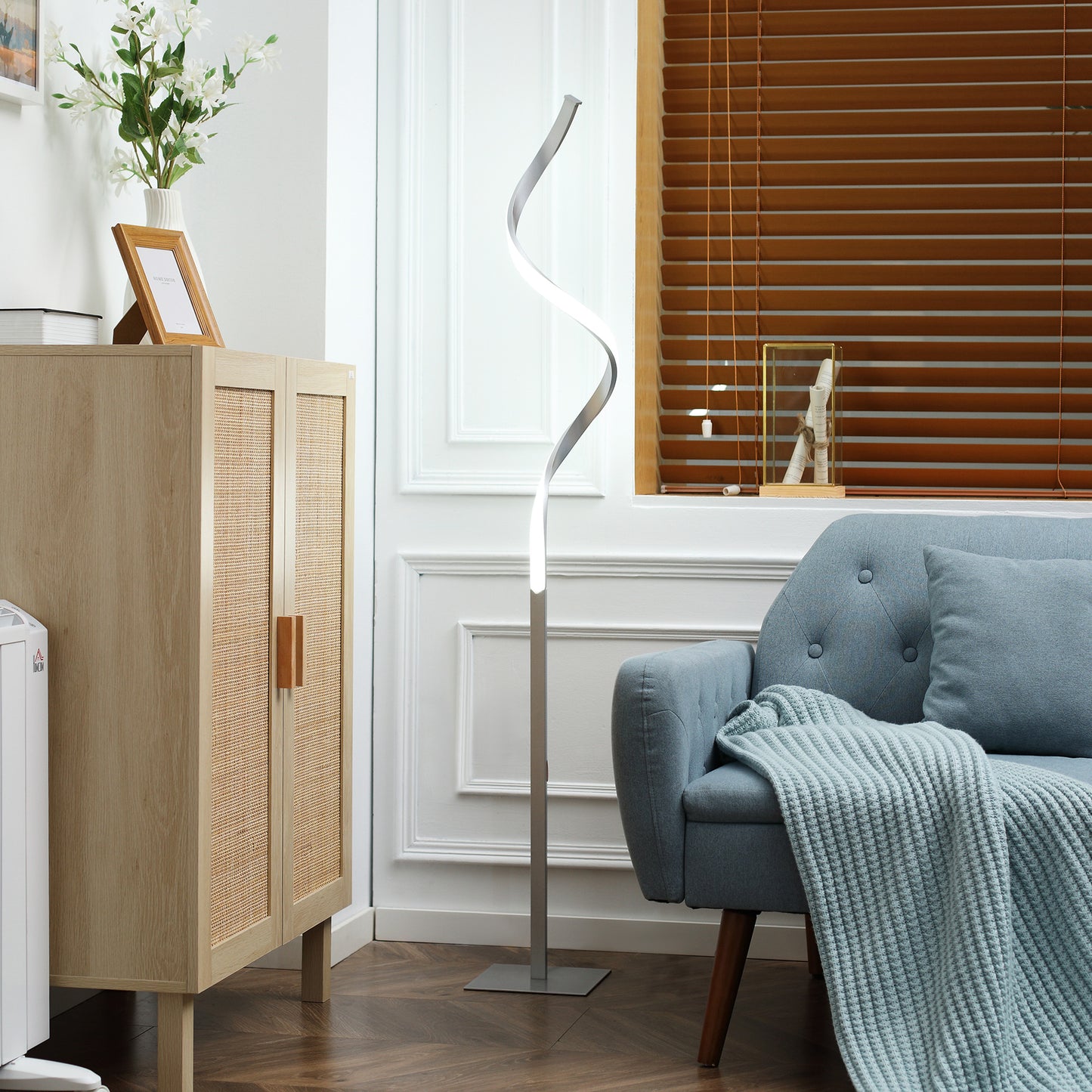HOMCOM Dimmable Floor Lamp For Living Room Modern Spiral Standing Lamp With 3 Brightness Levels And 3 Color Temps Silver