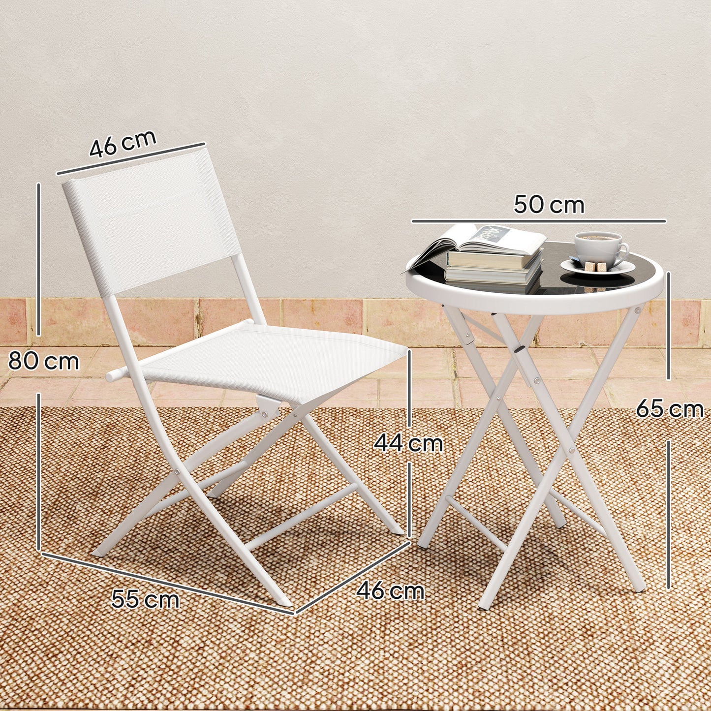 Outsunny 3 Piece Outdoor Bistro Set With Glass Top Outdoor Table And 2 Folding Chairs With Protecting Feet White