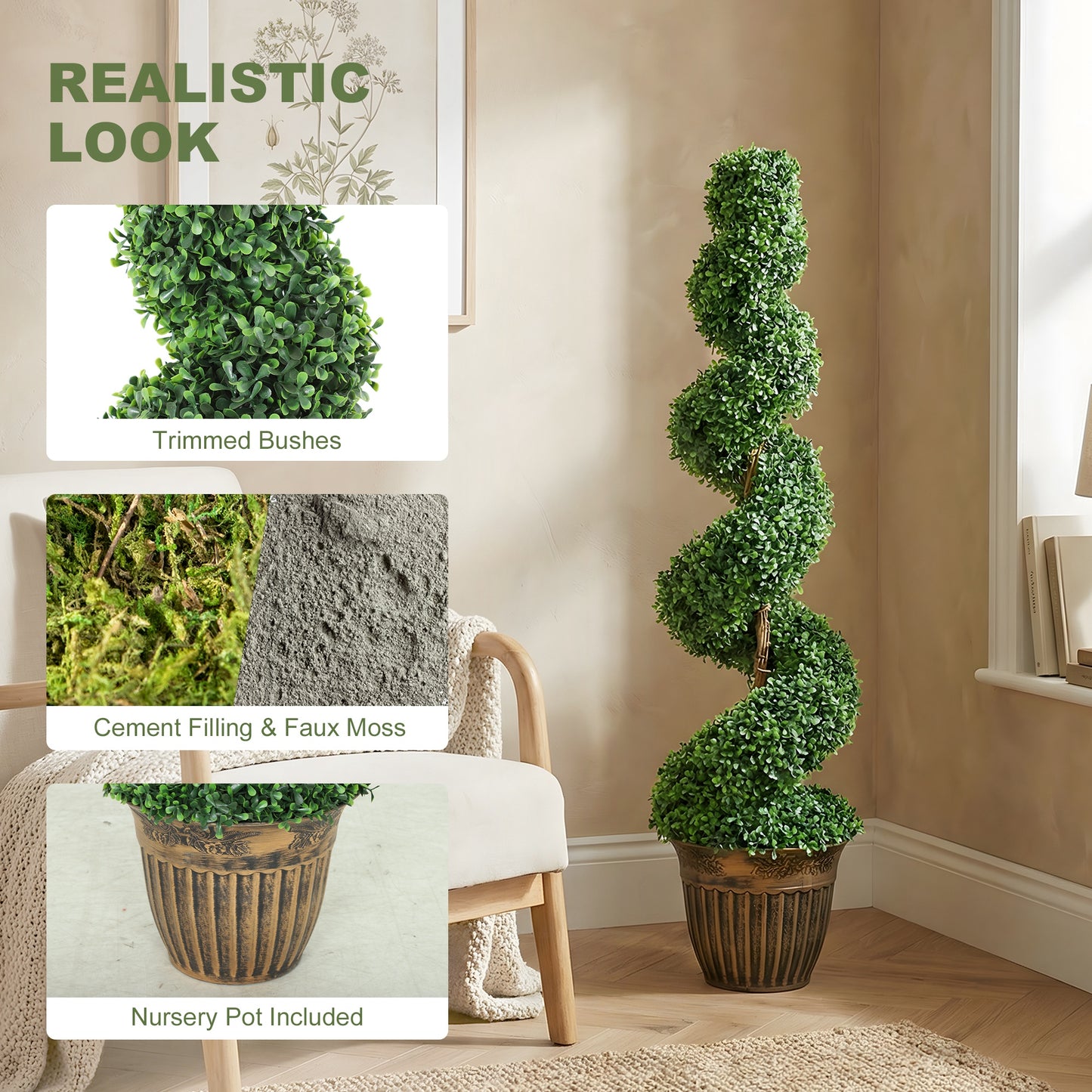 HOMCOM Set Of 2 Artificial Topiary Spiral Boxwood Trees In Pots For Indoor And Outdoor Decor 120cm