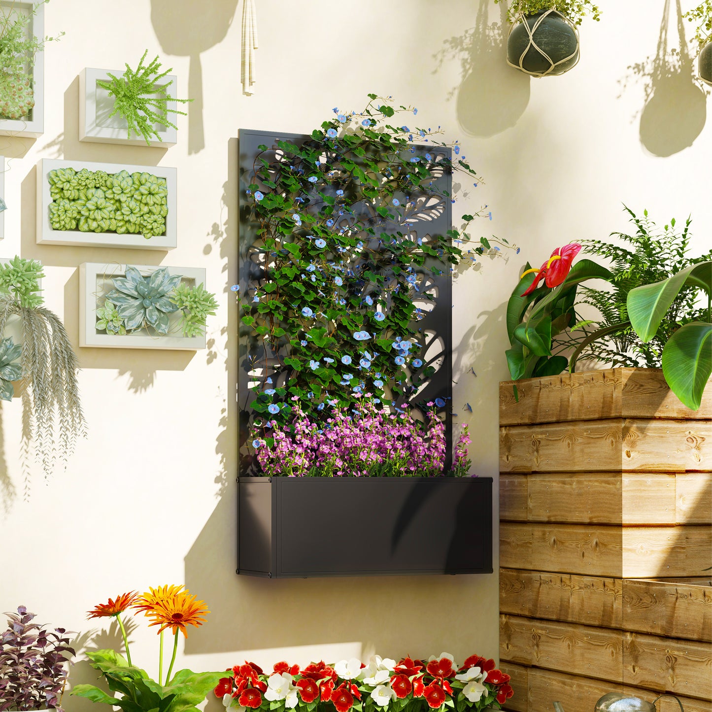 Outsunny Outdoor Metal Planter With Back Trellis Black Garden Planter Box 23 x 58 cm 32L Soil Capacity