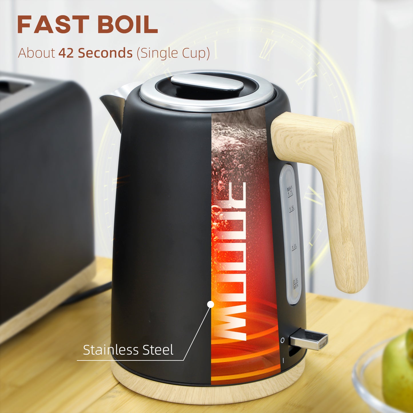 HOMCOM Stainless Steel Kettle And Toaster Set 1.7L 3000W 2 Slice With 7 Browning Levels Defrost Reheat Auto Off Black
