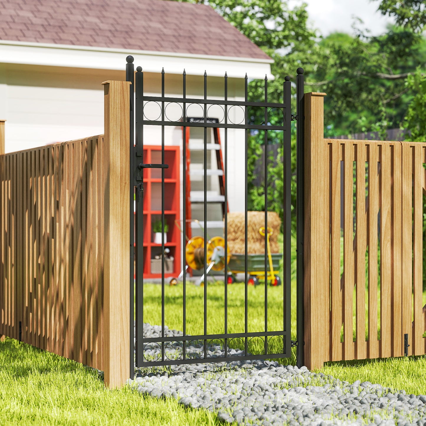 Outsunny Galvanised Steel Garden Gate 105 x 204 cm Black With Lock Keys And Handle
