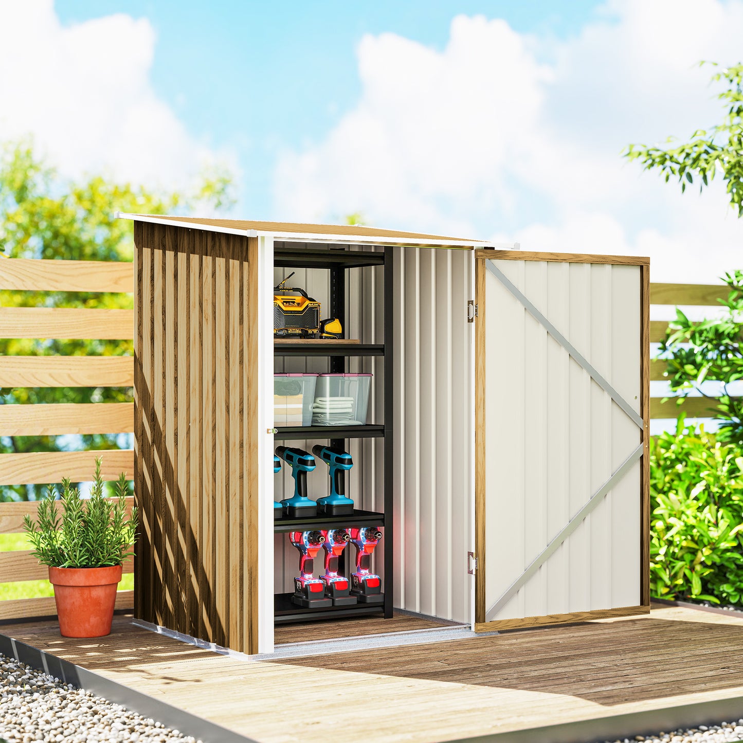 Outsunny Lean To Steel Garden Shed 3.3 By 3.4 Ft With Locking Door Light Brown Wood Effect And White