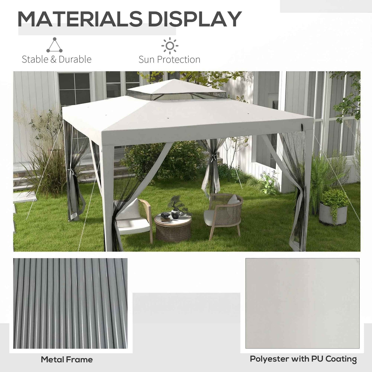 Outsunny 3 x 3 M Gazebo With Netting Mesh Sidewalls Double Tier Roof Patio Canopy Outdoor Event Shelter Light Grey