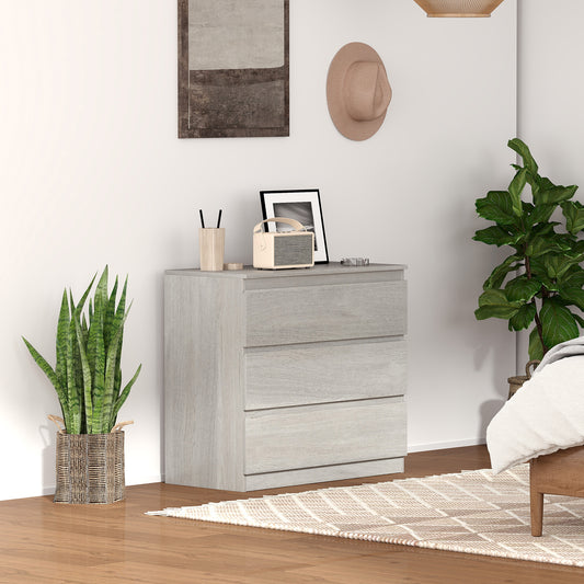 HOMCOM Three Drawer Chest In Grey Wood Effect Made From Particle Board With Flat Top For Bedroom Storage
