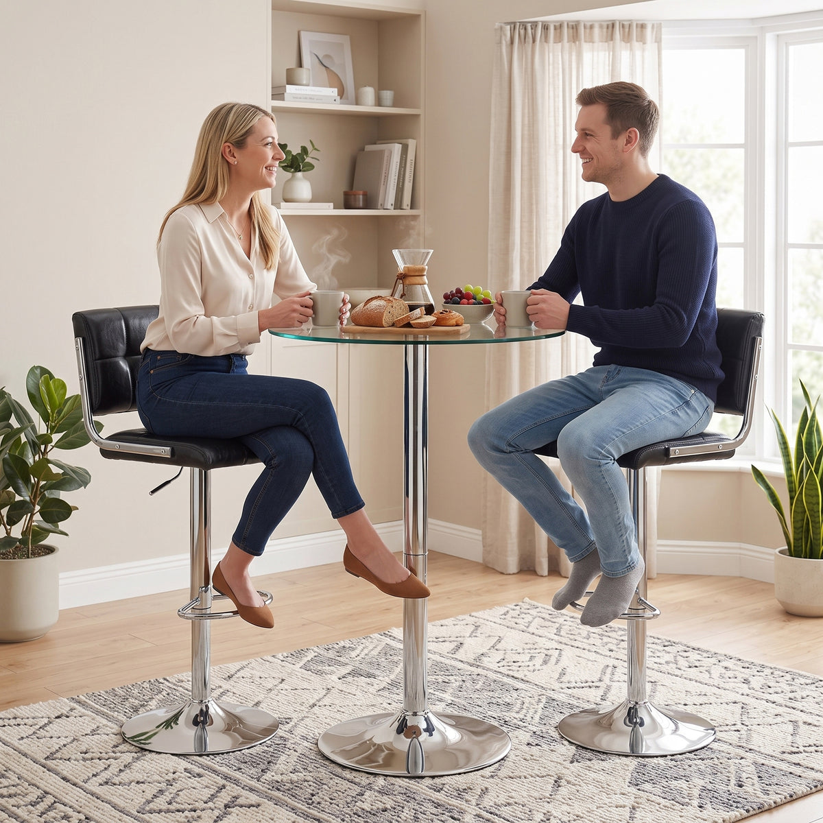 Black PU leather bar stools with backrests, chrome pedestal bases, adjustable height