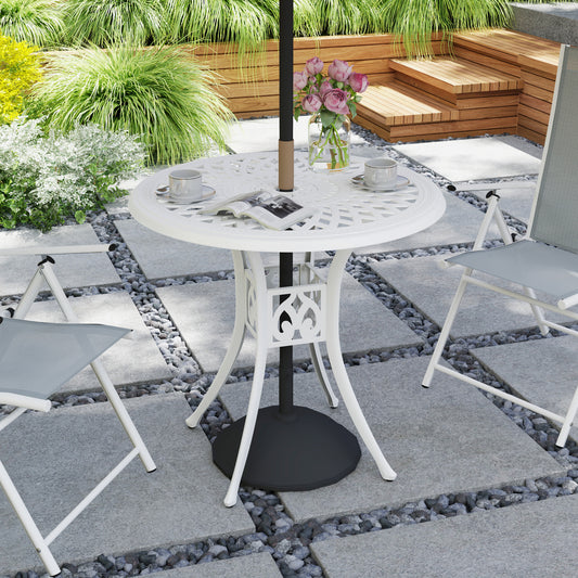 Outsunny 78 cm Round Garden Dining Table With Parasol Hole Cast Aluminium White Outdoor Table Only