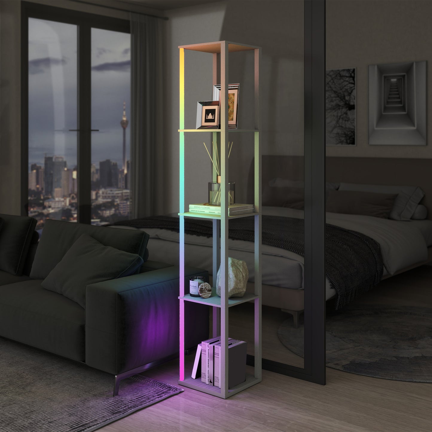 HOMCOM RGB LED Floor Lamp With Shelves Oak Dimmable Standing Lamp With Remote Control