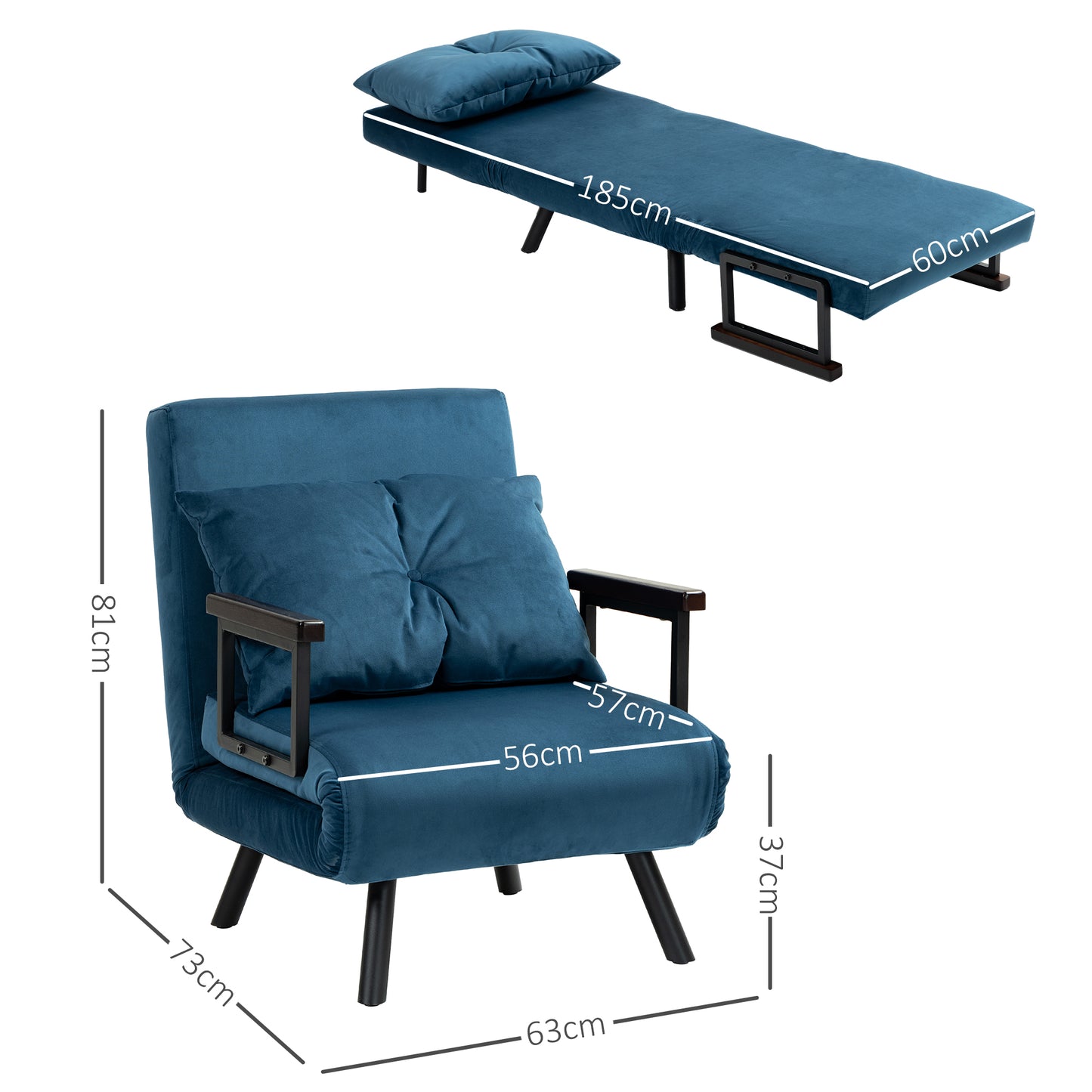 HOMCOM Multi-Functional Convertible Chair Bed with Cushions - Navy Blue Velvet Upholstery - ALL4U RETAILER LTD