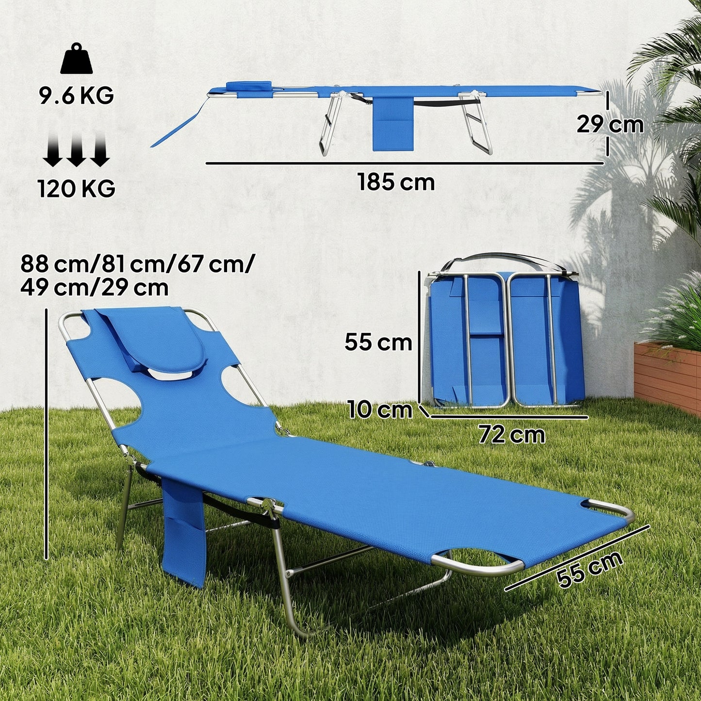 Outsunny Five Position Adjustable Sun Loungers Set Of Two With Reading Hole And Side Pocket In Blue
