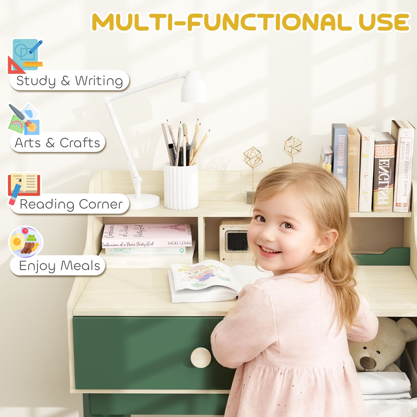 AIYAPLAY Kids Desk and Chair Set with Storage Shelves and Drawer in Green for Homework and Creative Play