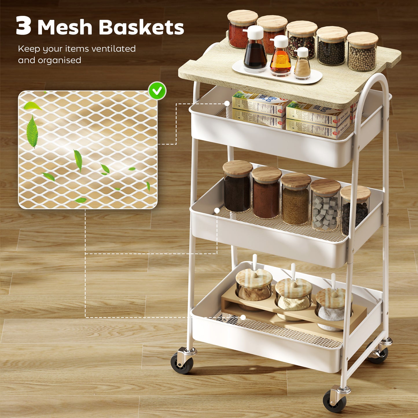 HOMCOM 3-Tier Kitchen Storage Trolley On Wheels With Cover Top Board White And Oak
