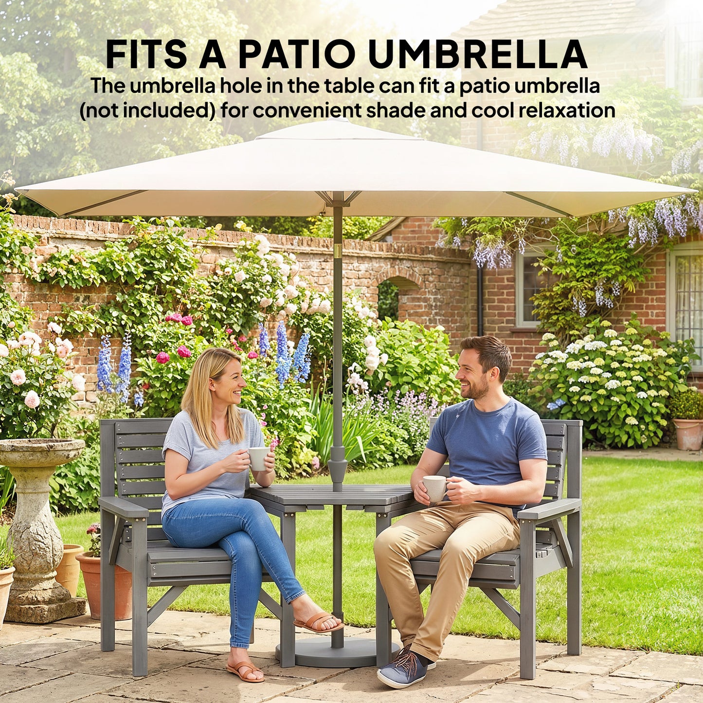 Outsunny 2 Seater Wooden Garden Bistro Set with Table and Chairs Parasol Hole Light Grey Outdoor Patio Furniture
