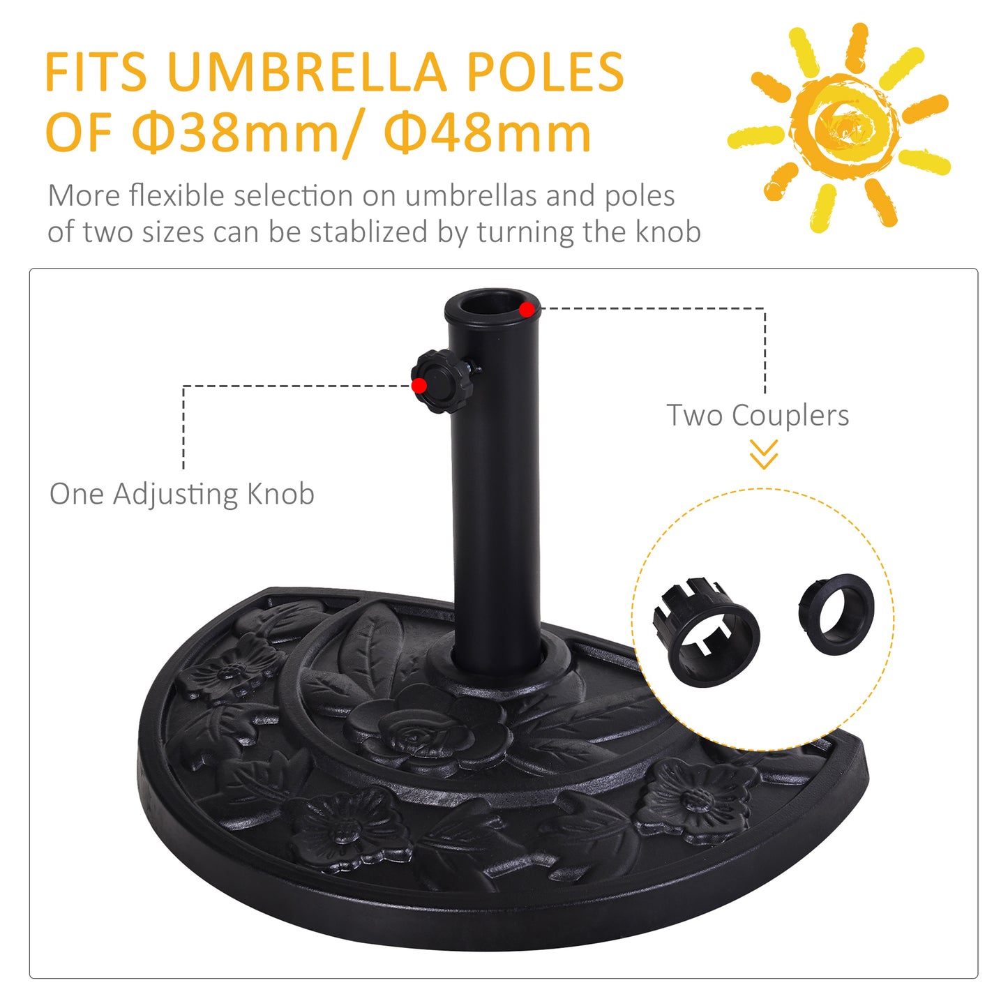 Outsunny 9kg Resin Parasol Base, Half Round Umbrella Stand with Floral Design for Garden, Outdoor, Suitable Umbrella Rod: Î¦3.8cm, Î¦4.8cm, Black
