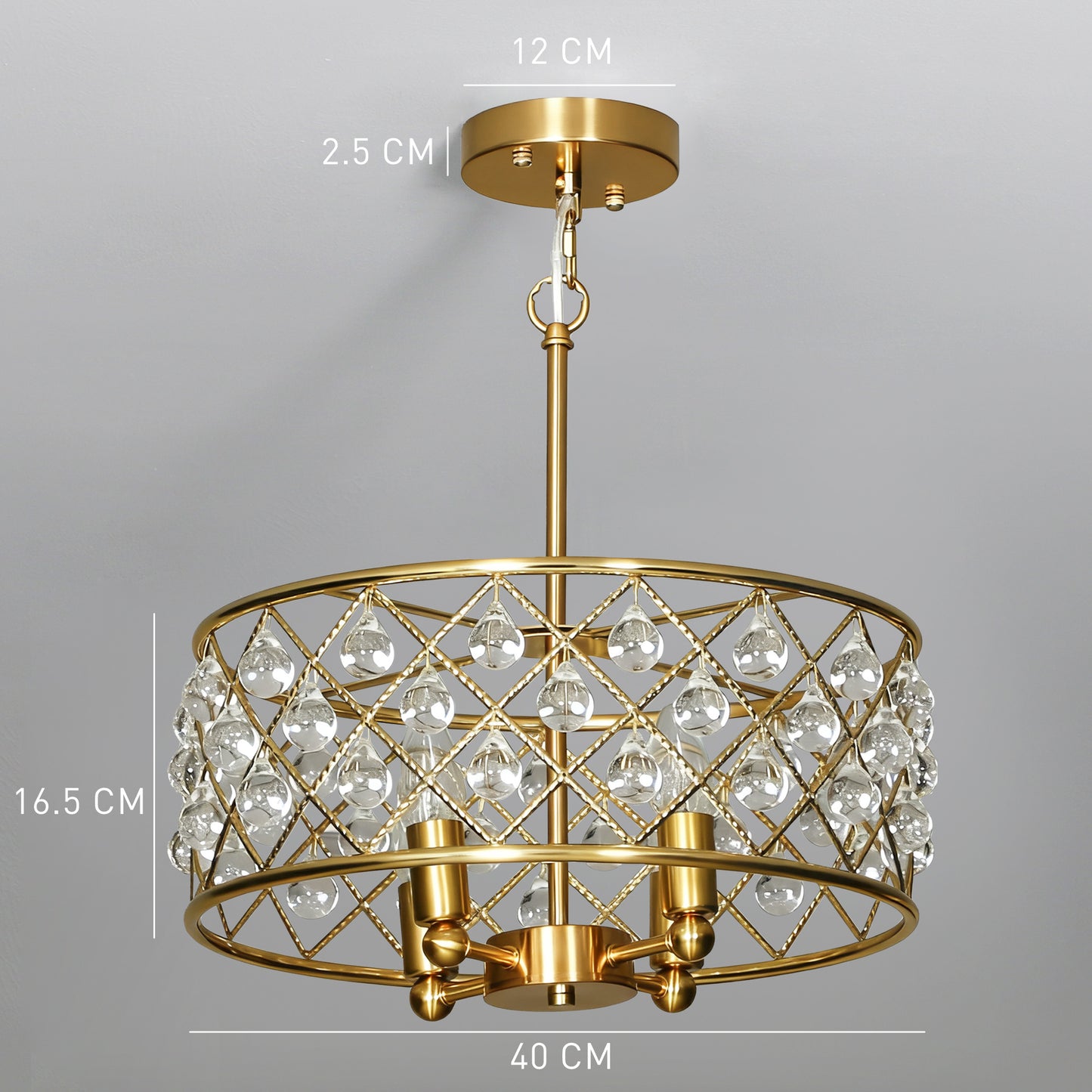 HOMCOM 51 Crystallite Four Bulb Chandelier Gold Tone With Adjustable 130 Cm Chain And Sparkling Crystal Balls
