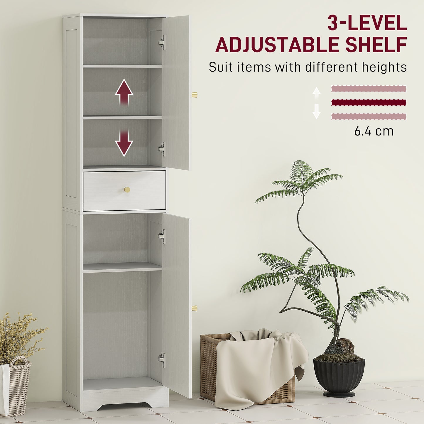 HOMCOM Tall Bathroom Cabinet With Arched Doors White Slim Storage With Two Cupboards And Middle Drawer