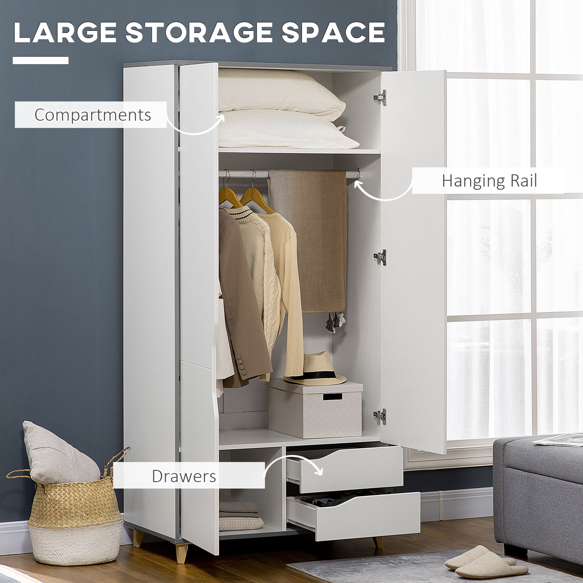 Modern Grey and White Bedroom Furniture Set with Wardrobe and 3 Drawer Chest by HOMCOM - ALL4U RETAILER LTD